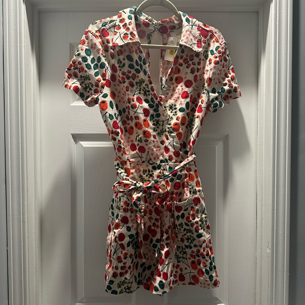 Maeve Anthropologie Cherry Floral Romper Size 14 Collared Button Front NWT